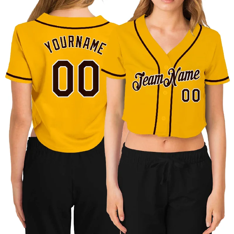 Baseball Jerseys with Slim Fit for Modern Look-Custom Women's Gold Brown-White V-Neck Cropped Baseball Jersey