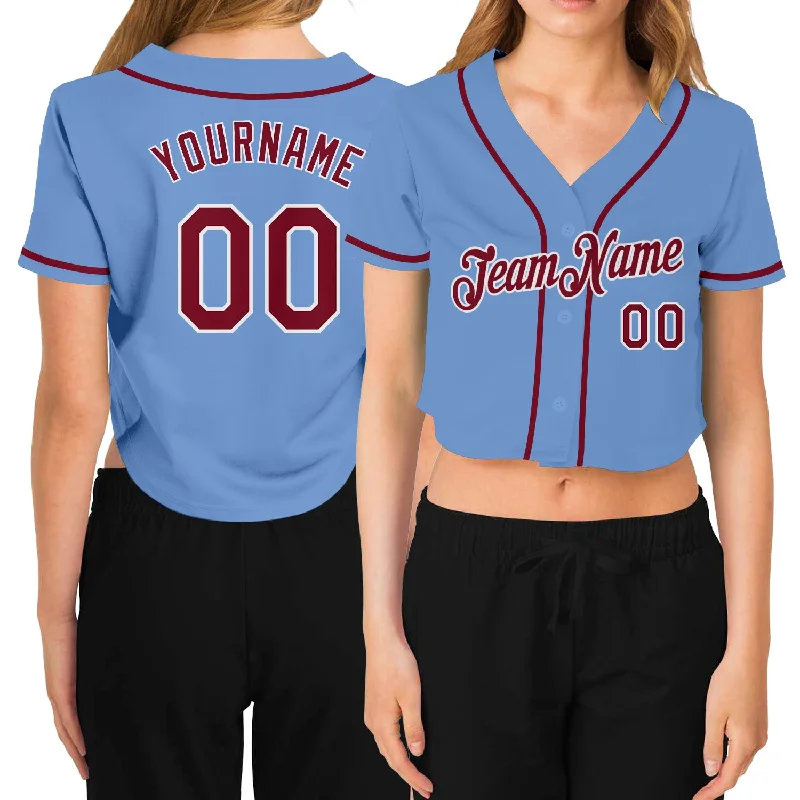 Baseball Jerseys with Embroidered Logos for Premium Look-Custom Women's Light Blue Crimson-White V-Neck Cropped Baseball Jersey