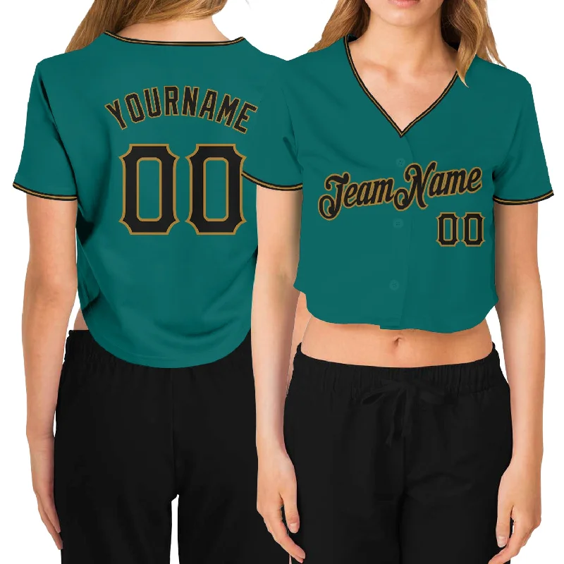 Baseball Jerseys with Classic Pinstripe Design for Vintage Look-Custom Women's Aqua Black-Old Gold V-Neck Cropped Baseball Jersey