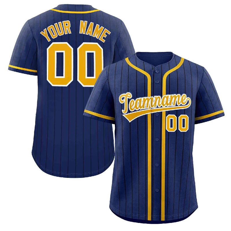 Baseball Jerseys with Full-Length Sleeves for Full Coverage-Custom Navy Gold-Black Stripe Fashion Design Full Button Authentic Baseball Jersey