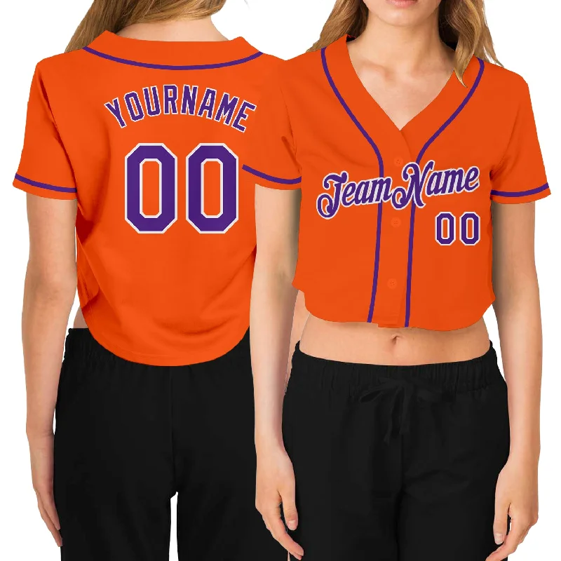 Baseball Jerseys with Sleeveless Design for Warm Weather-Custom Women's Orange Purple-White V-Neck Cropped Baseball Jersey