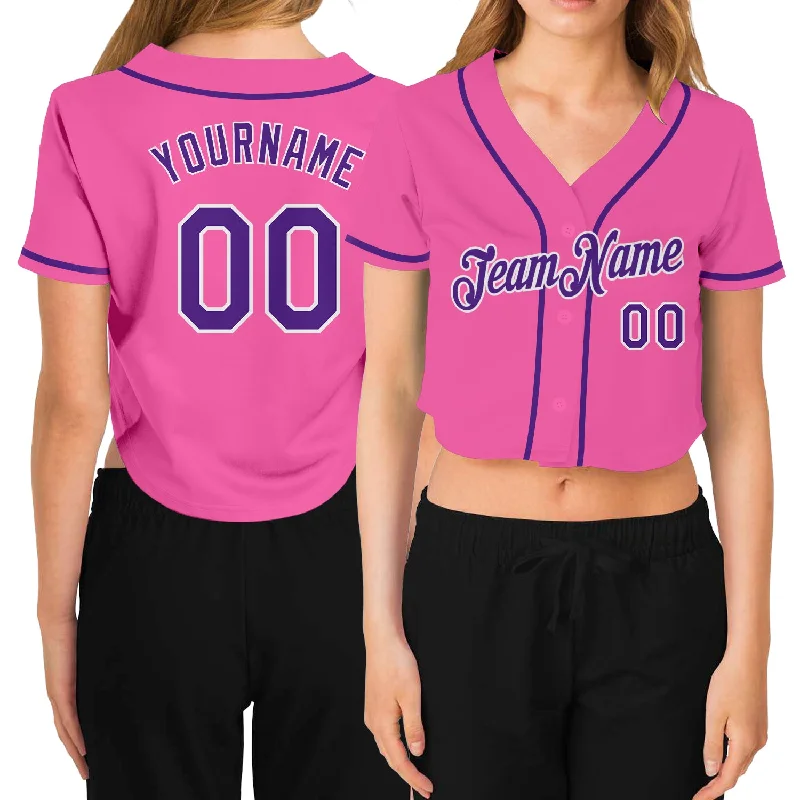 Baseball Jerseys with Comfortable, Moisture-Wicking Lining-Custom Women's Pink Purple-White V-Neck Cropped Baseball Jersey