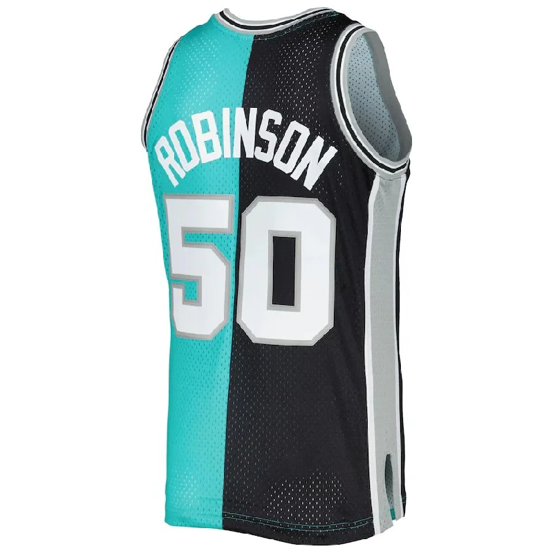 Basketball Jerseys with Large Team Logos for Strong Identity-S.Antonio Spurs #50 David Robinson Mitchell & Ness Hardwood Classics 1998-99 Split Swingman Jersey Black-Teal Stitched American Basketball Jersey