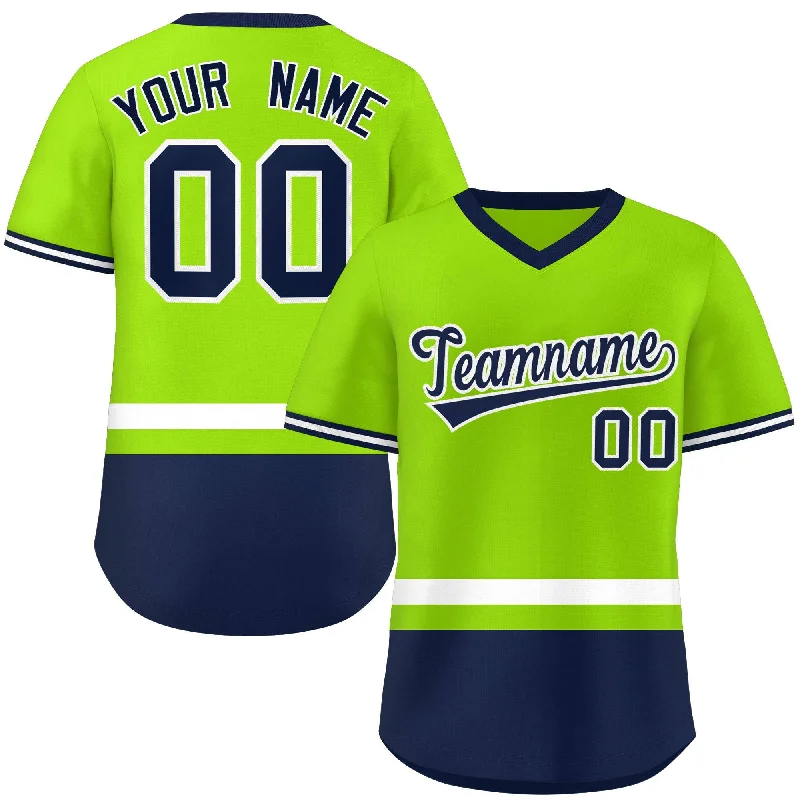 Baseball Jerseys with Mesh Inserts for Extra Ventilation-Custom Neon Green White-Navy Color Block Personalized V-Neck Authentic Pullover Baseball Jersey