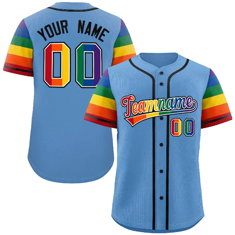 Baseball Jerseys with Piping for Traditional Style-Custom Light Blue LGBT Rainbow For Pride Month Raglan Sleeves Authentic Baseball Jersey