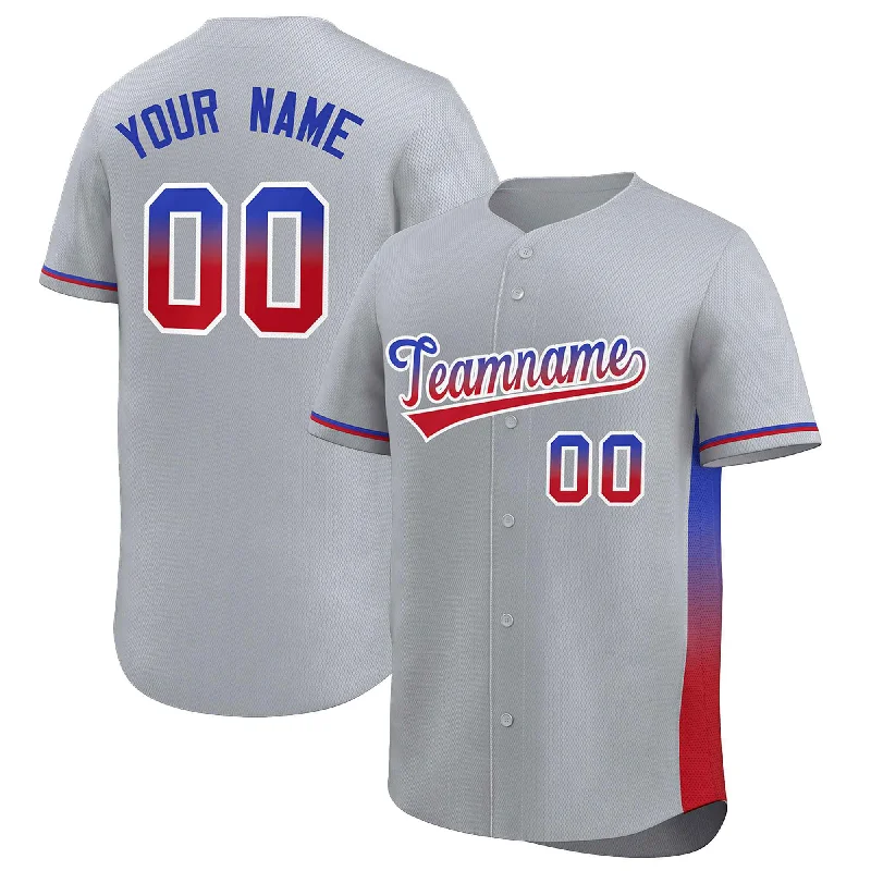 Personalized Baseball Jerseys for Players and Fans-Custom Light Gray Royal-Red Personalized Gradient Font And Side Design Authentic Baseball Jersey