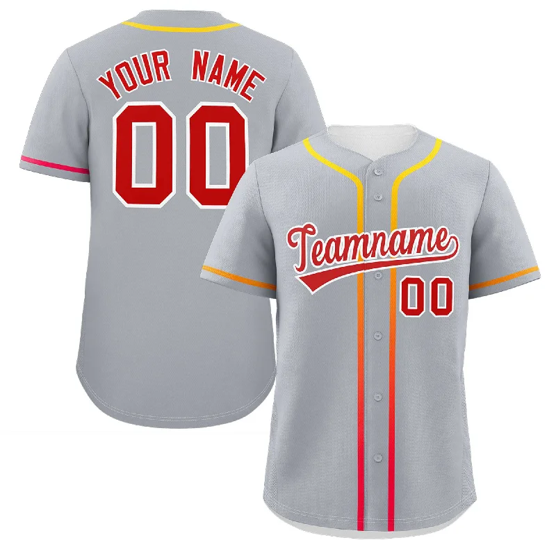 Baseball Jerseys with Full Button Front for Classic Look-Custom Light Gray Red Personalized Gradient Ribbed Design Authentic Baseball Jersey