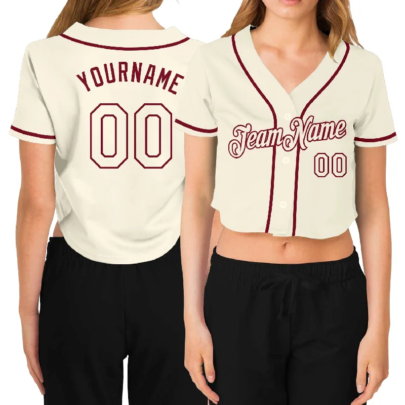 Baseball Jerseys with Full-Button Closure for Traditional Style-Custom Women's Cream Cream-Crimson V-Neck Cropped Baseball Jersey