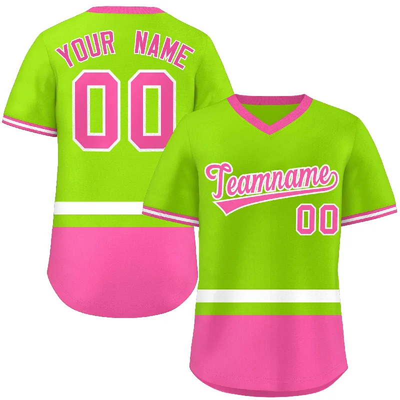 Baseball Jerseys with Soft Polyester Blend for Lightweight Feel-Custom Neon Green White-Pink Color Block Personalized V-Neck Authentic Pullover Baseball Jersey