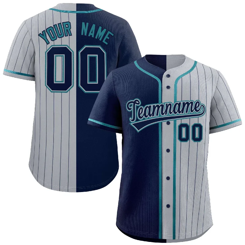 Baseball Jerseys with Elastic Cuffs for Snug Fit-Custom Navy Gray Stripe-Solid Combo Fashion Authentic Baseball Jersey