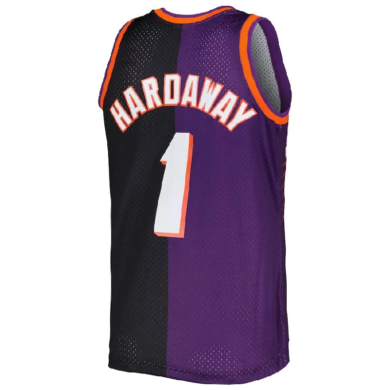 Basketball Jerseys with Full-Button Closure for Traditional Style-P.Suns #1 Penny Hardaway Mitchell & Ness Hardwood Classics 1999-00 Split Swingman Jersey Purple-Black Stitched American Basketball Jersey