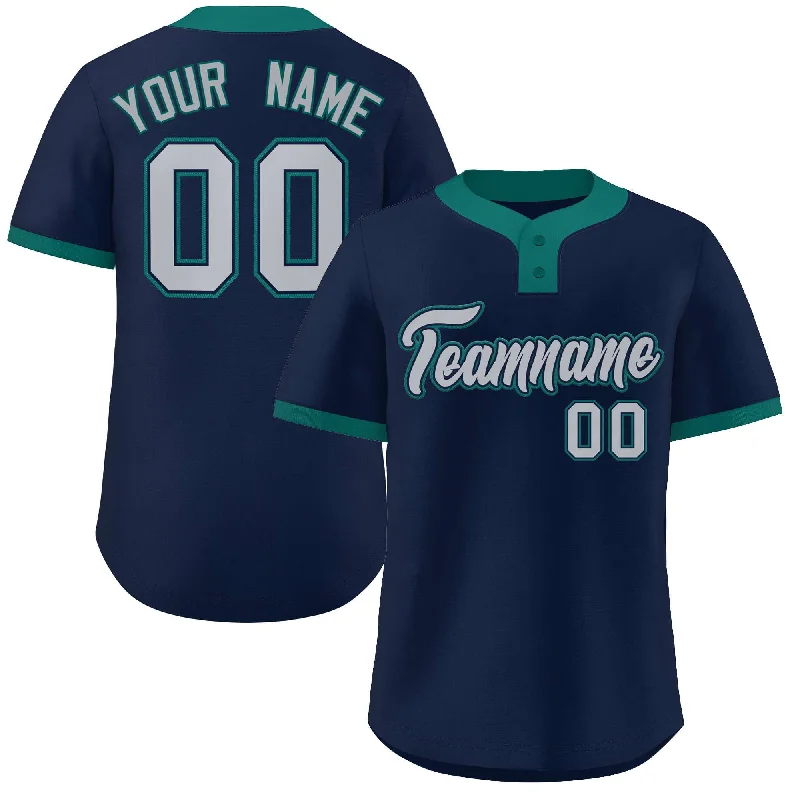 Custom Baseball Jerseys with Player Names and Numbers-Custom Navy Gray-Aqua Classic Style Authentic Two-Button Baseball Jersey