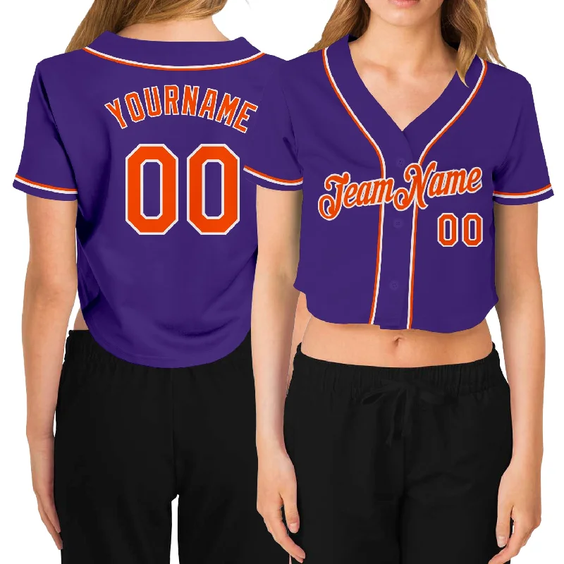 Baseball Jerseys with High-Performance Fabrics for Serious Athletes-Custom Women's Purple Orange-White V-Neck Cropped Baseball Jersey