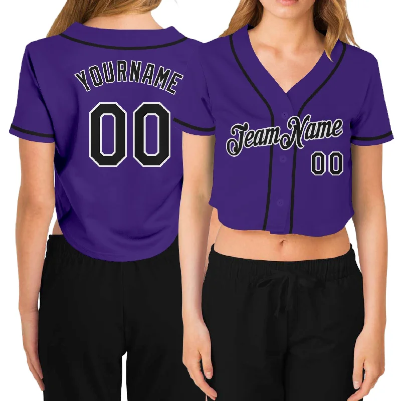 Baseball Jerseys with Extra Padding for Protection-Custom Women's Purple Black-White V-Neck Cropped Baseball Jersey