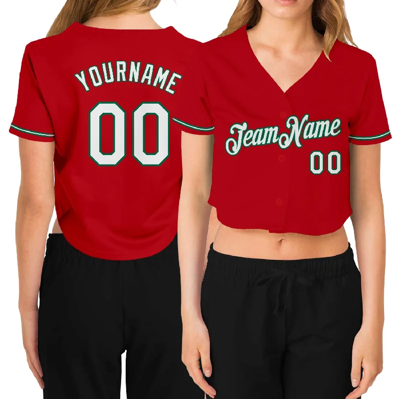 Baseball Jerseys with Heat-Pressed Numbers and Logos for Durability-Custom Women's Red White-Kelly Green V-Neck Cropped Baseball Jersey