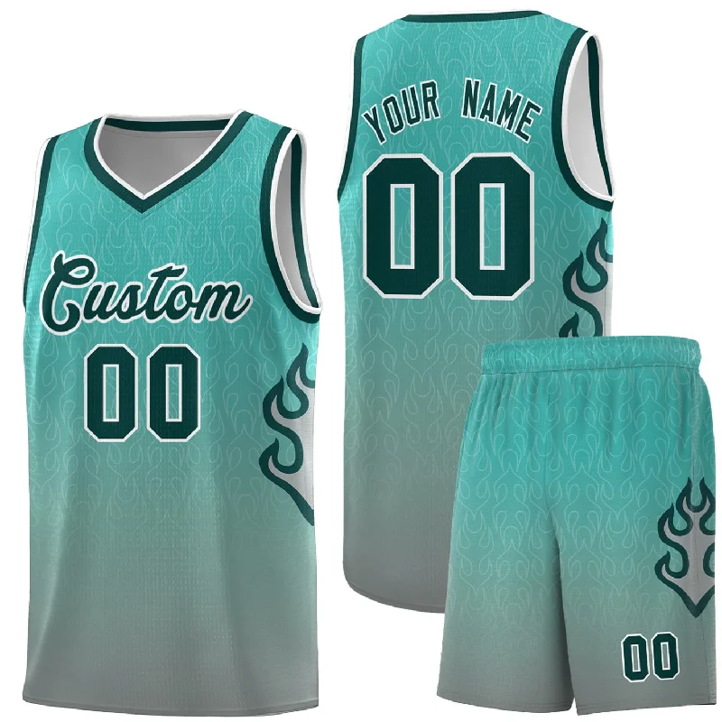 Basketball Jerseys with Soft Collar for Comfort-Custom Aqua Dark Gray-Midnight Green Flame Gradient Fashion Sports Uniform Basketball Jersey