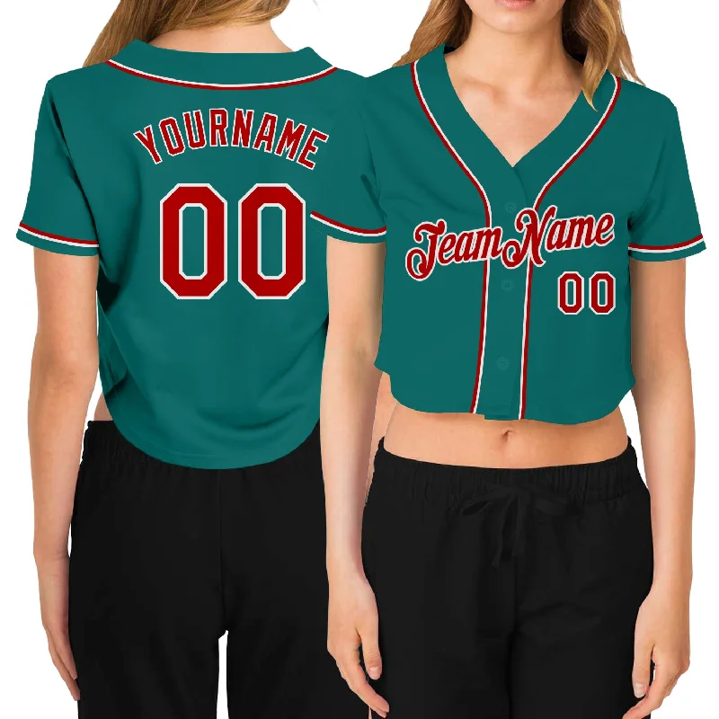 Baseball Jerseys with Button Placket for Traditional Style-Custom Women's Aqua Red-White V-Neck Cropped Baseball Jersey