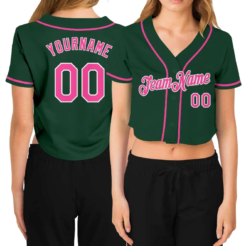 Baseball Jerseys with Modern Cut for Comfortable Fit-Custom Women's Green Pink-White V-Neck Cropped Baseball Jersey