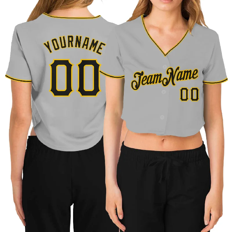 Baseball Jerseys with Reflective Details for Visibility-Custom Women's Gray Black-Gold V-Neck Cropped Baseball Jersey