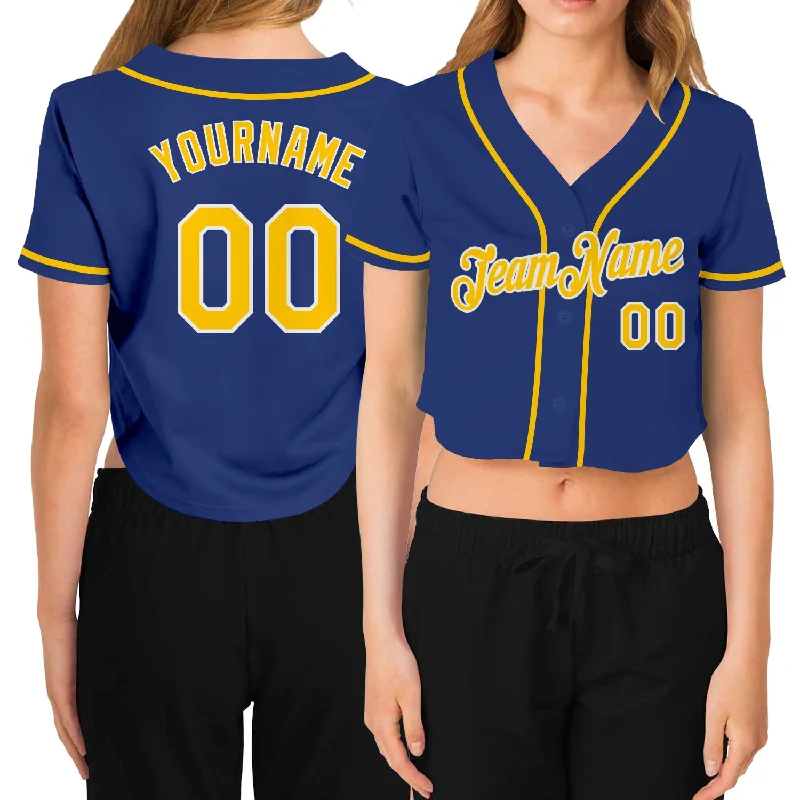 Custom Baseball Jerseys for Teams-Custom Women's Royal Gold-White V-Neck Cropped Baseball Jersey