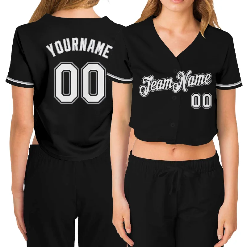 Baseball Jerseys with Sublimated Design for Unique Patterns-Custom Women's Black White-Gray V-Neck Cropped Baseball Jersey