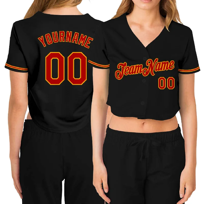 Baseball Jerseys with T-Shirt Style for Casual Look-Custom Women's Black Red-Gold V-Neck Cropped Baseball Jersey