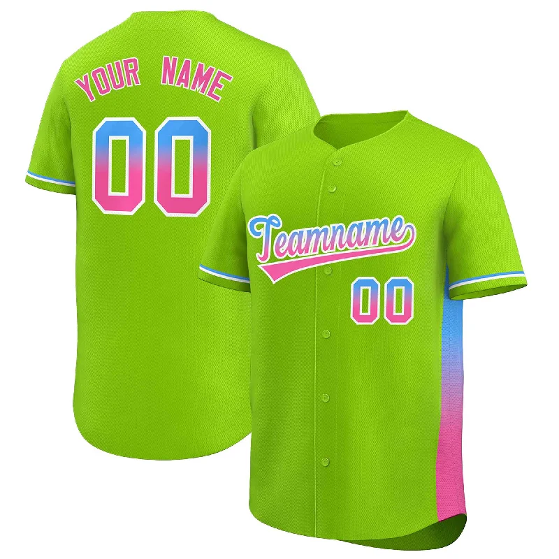 Baseball Jerseys with Reflective Details for Visibility-Custom Neon Green Powder Blue-Pink Personalized Gradient Font And Side Design Authentic Baseball Jersey