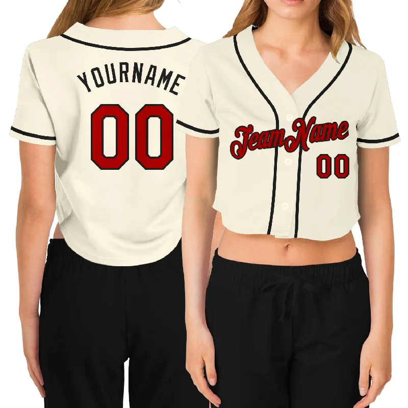 Baseball Jerseys with Contrast Stitching for Bold Design-Custom Women's Cream Red-Black V-Neck Cropped Baseball Jersey