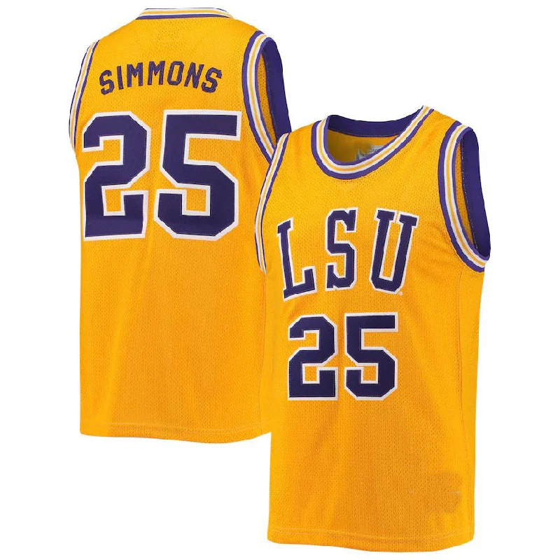 Basketball Jerseys with Minimalist Style for Sleek Appearance-L.Tigers #25 Ben Simmons Original Retro Brand Commemorative Classic Basketball Jersey Gold Stitched American College Jerseys