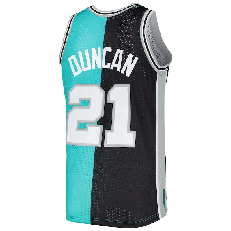 Basketball Jerseys with Tight-Fit Sleeves for Streamlined Look-S.Antonio Spurs #21 Tim Duncan Mitchell & Ness Hardwood Classics 1998-99 Split Swingman Jersey Black-Teal Stitched American Basketball Jersey