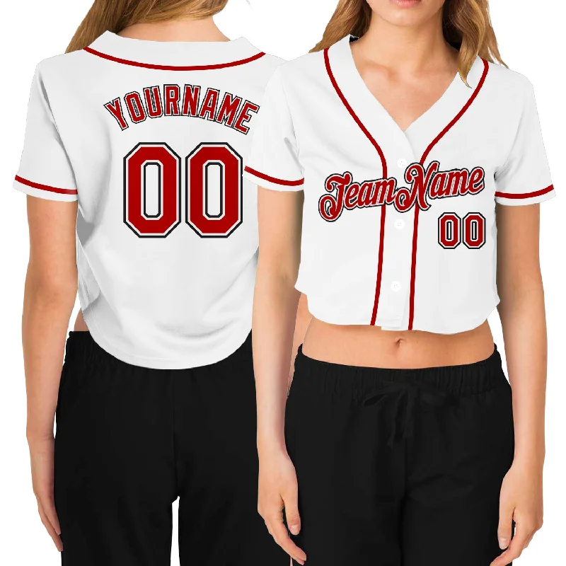 Baseball Jerseys with Button Placket for Traditional Style-Custom Women's White Red-Black V-Neck Cropped Baseball Jersey