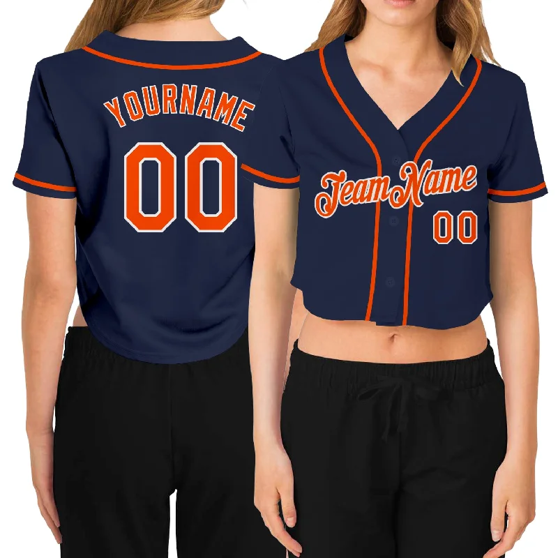 Baseball Jerseys with Reinforced Stitching for Durability-Custom Women's Navy Orange-White V-Neck Cropped Baseball Jersey