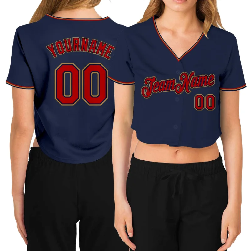 Baseball Jerseys with Soft Interior Lining for Comfort Against Skin-Custom Women's Navy Red-Old Gold V-Neck Cropped Baseball Jersey