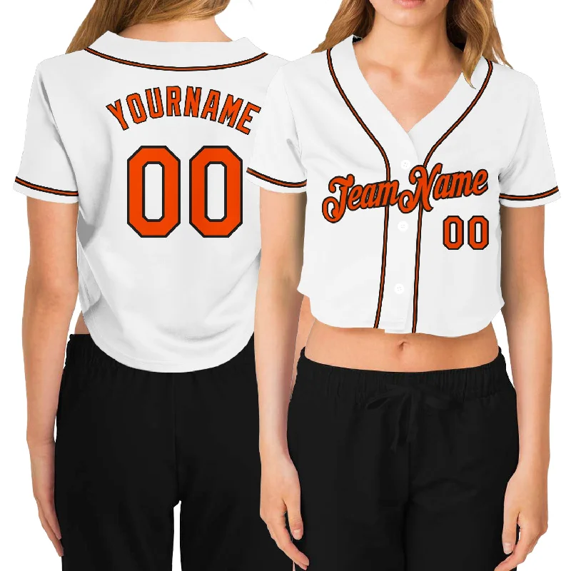 Custom Baseball Jerseys with Player Names and Numbers-Custom Women's White Orange-Black V-Neck Cropped Baseball Jersey