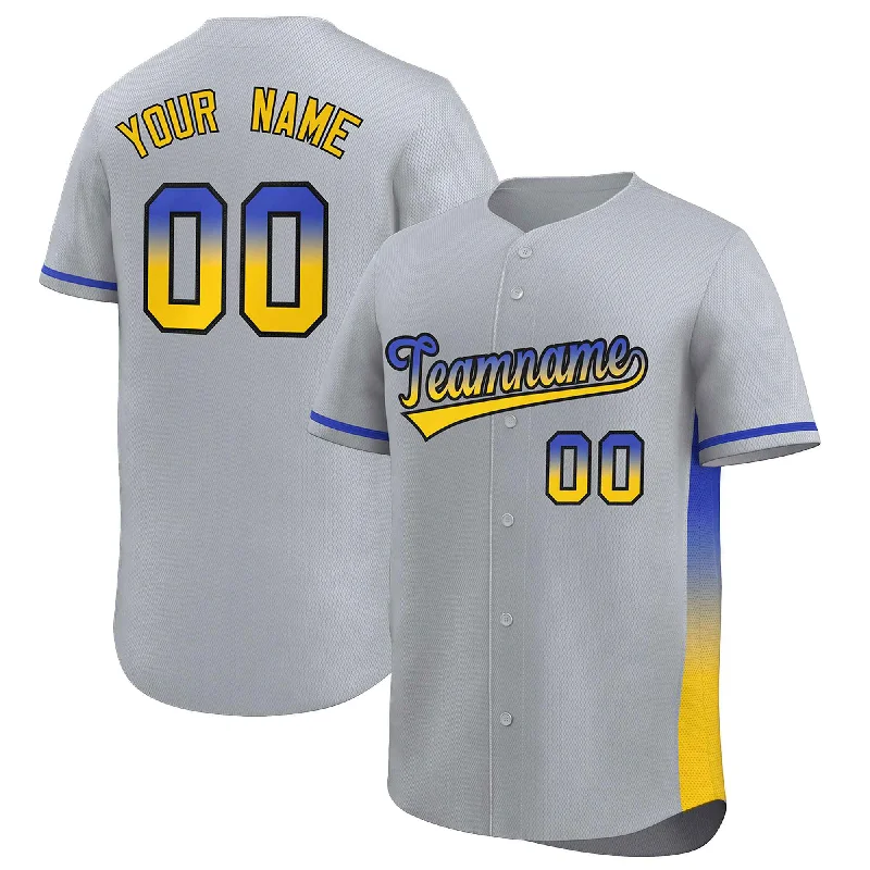 Baseball Jerseys with Reinforced Stitching for Durability-Custom Light Gray Royal-Gold Personalized Gradient Font And Side Design Authentic Baseball Jersey