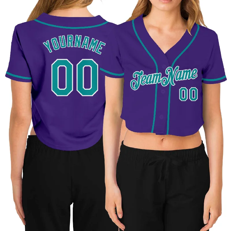 Baseball Jerseys with Padded Shoulders for Extra Protection-Custom Women's Purple Aqua-White V-Neck Cropped Baseball Jersey