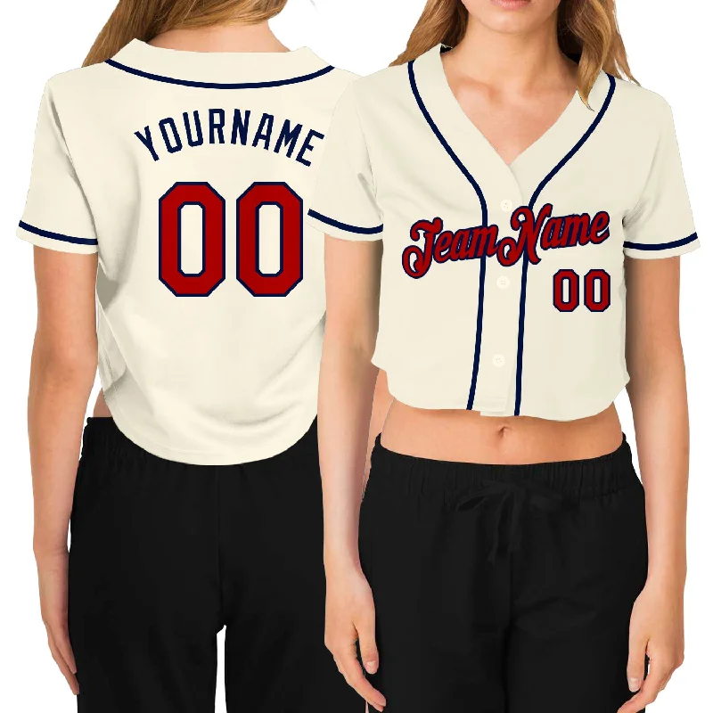 Baseball Jerseys with Customizable Back Designs for Personal Style-Custom Women's Cream Red-Navy V-Neck Cropped Baseball Jersey