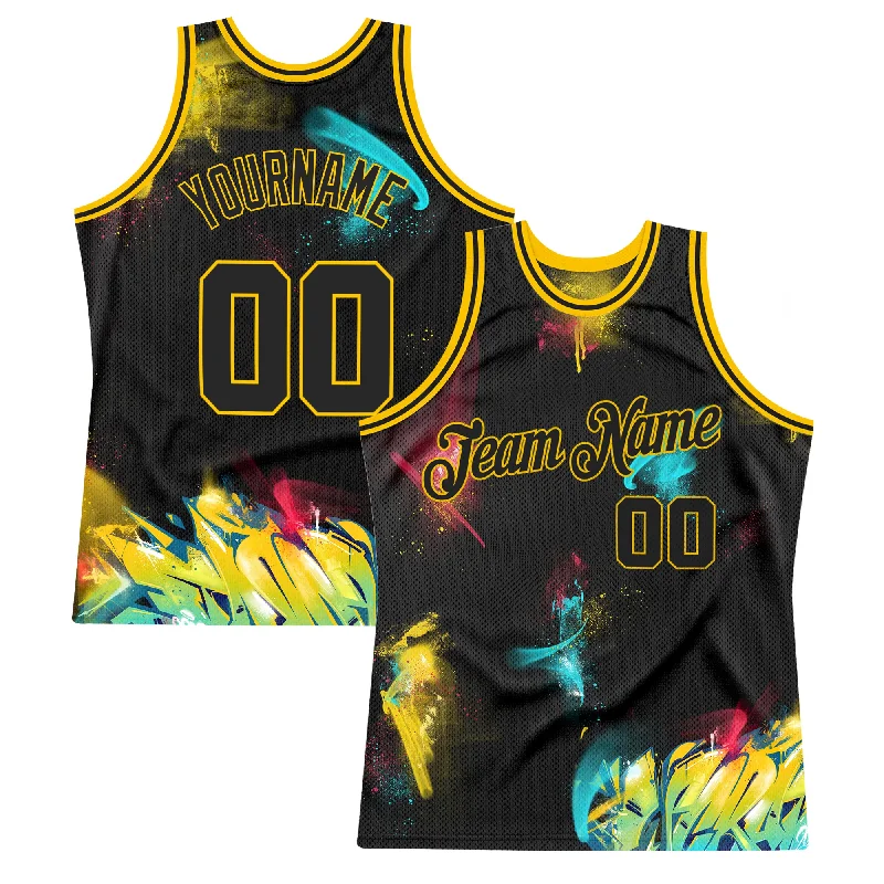 Basketball Jerseys with Color Blocking for Team Identity-Custom Graffiti Pattern Black-Gold 3D Authentic Basketball Jersey