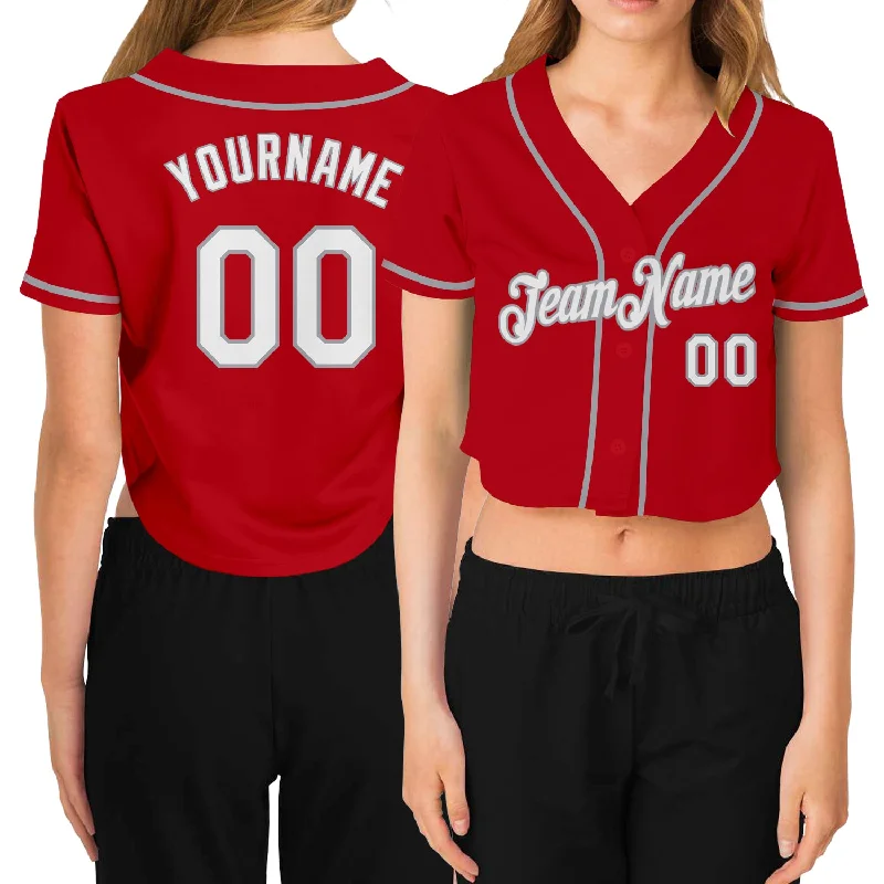 Baseball Jerseys with Quick-Dry Technology for Hot Weather Play-Custom Women's Red White-Gray V-Neck Cropped Baseball Jersey