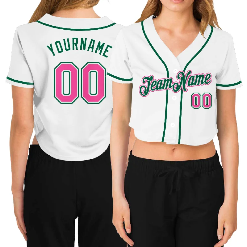 Baseball Jerseys with Color Blocking for Team Identity-Custom Women's White Pink-Green V-Neck Cropped Baseball Jersey