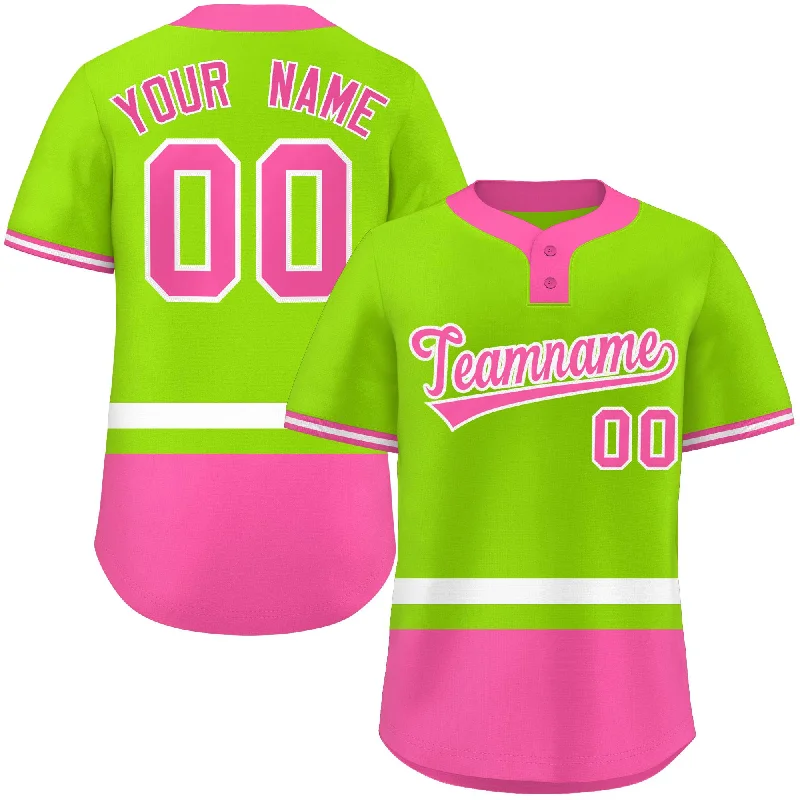 Baseball Jerseys with Button Placket for Traditional Style-Custom Neon Green White-Pink Color Block Personalized Authentic Two-Button Baseball Jersey