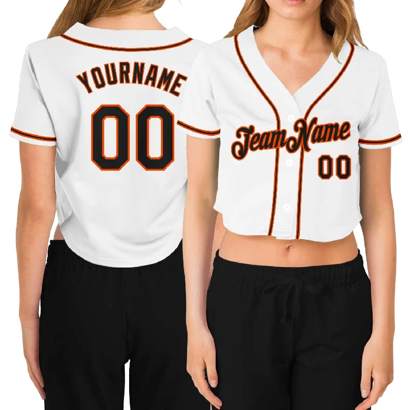 Baseball Jerseys with Breathable Mesh Panels for Ventilation-Custom Women's White Black-Orange V-Neck Cropped Baseball Jersey