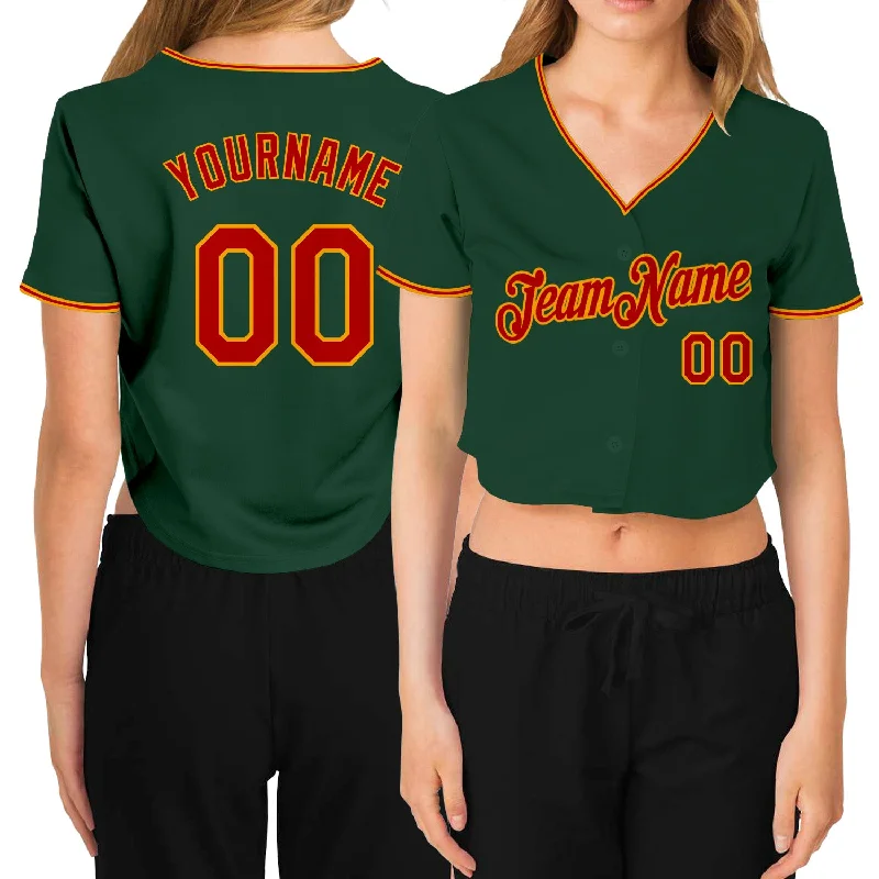 Baseball Jerseys with All-Over Stretch for Easy Movement-Custom Women's Green Red-Gold V-Neck Cropped Baseball Jersey