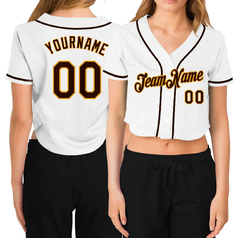 Youth Baseball Jerseys with Elastic Sleeves for Secure Fit-Custom Women's White Brown-Gold V-Neck Cropped Baseball Jersey