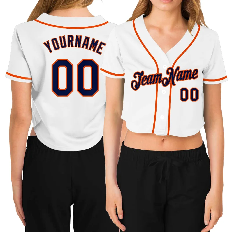 Baseball Jerseys with Customizable Sleeve Length for Different Looks-Custom Women's White Navy-Orange V-Neck Cropped Baseball Jersey