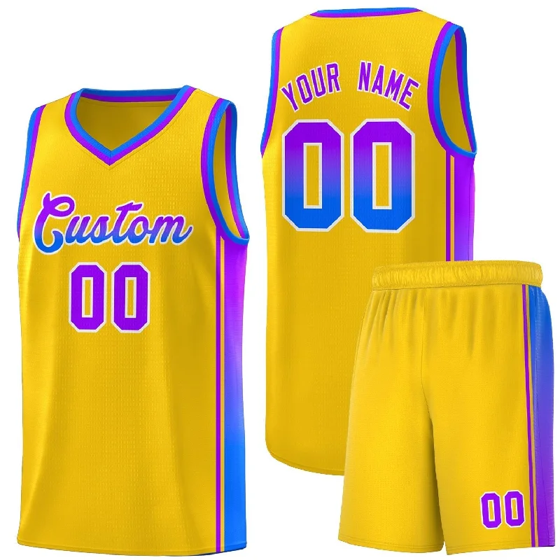 Basketball Jerseys with Piping for Traditional Style-Custom Gold Purple-Light Blue Gradient Fashion Sports Uniform Basketball Jersey