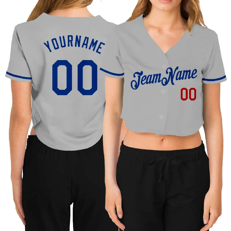 Baseball Jerseys with Color Blocking for Team Identity-Custom Women's Gray Royal-Red V-Neck Cropped Baseball Jersey