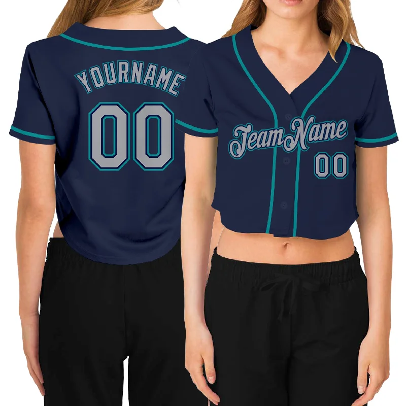 Baseball Jerseys with Vintage Style for Old-School Look-Custom Women's Navy Gray-Aqua V-Neck Cropped Baseball Jersey