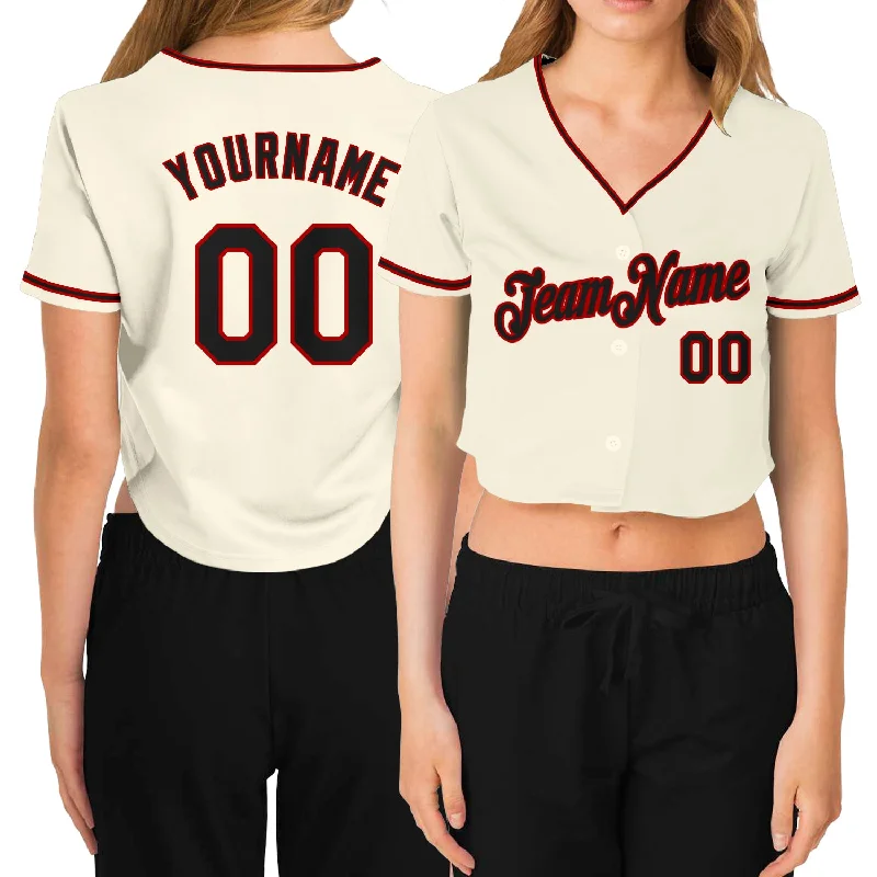 Baseball Jerseys with Soft and Stretchable Fabric for All-Day Comfort-Custom Women's Cream Black-Red V-Neck Cropped Baseball Jersey