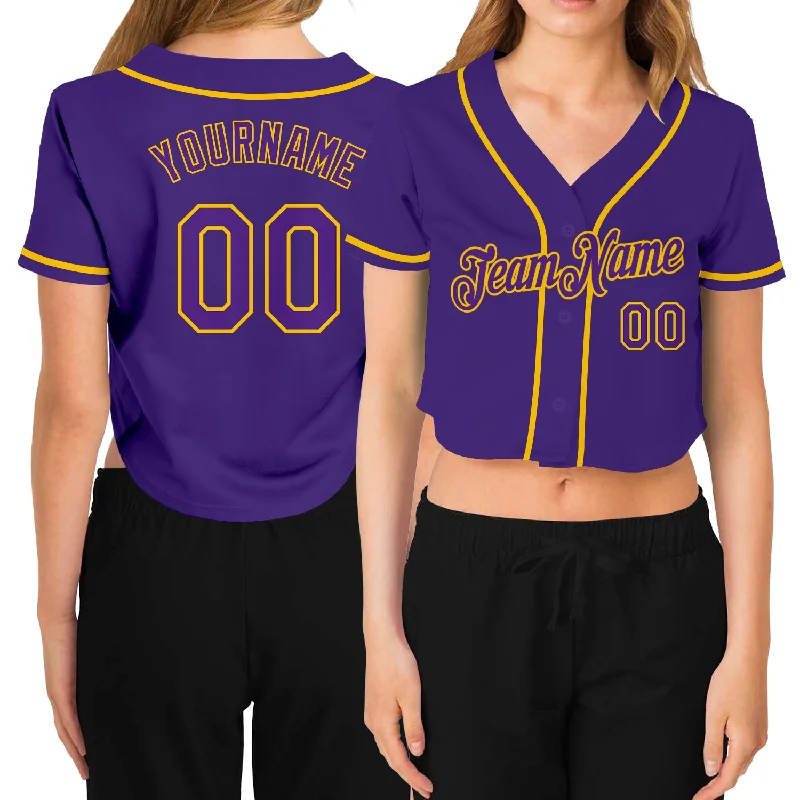 Baseball Jerseys with Minimalist Style for Sleek Appearance-Custom Women's Purple Purple-Gold V-Neck Cropped Baseball Jersey